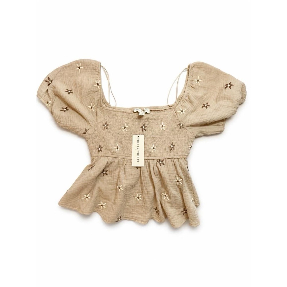Thirty Thirty Size Medium Cropped Smocked Top Light Brown Floral Embroidered